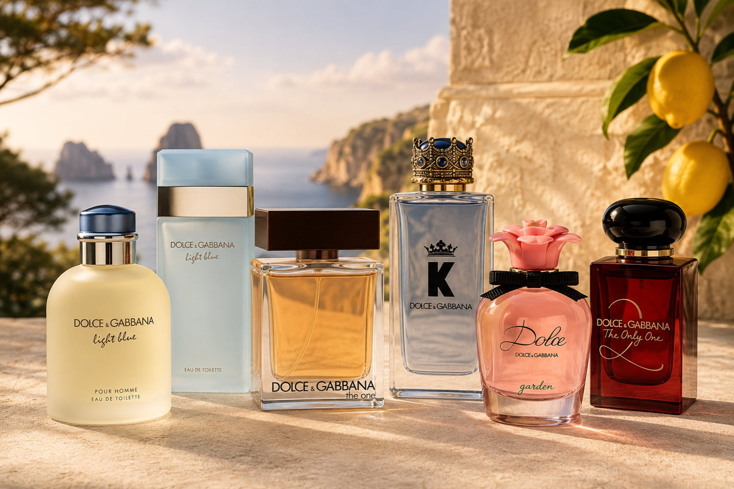 Luxury Dolce & Gabbana perfume and cologne bottles including Light Blue, The One, K by Dolce & Gabbana, Dolce Garden, and The Only One displayed in an elegant Mediterranean-inspired setting