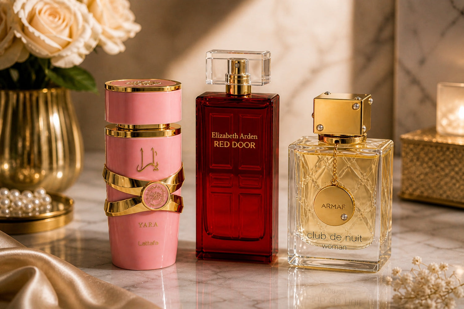Luxury women’s perfume bottles including Lattafa Yara, Elizabeth Arden Red Door, and Armaf Club de Nuit displayed in an elegant premium setting