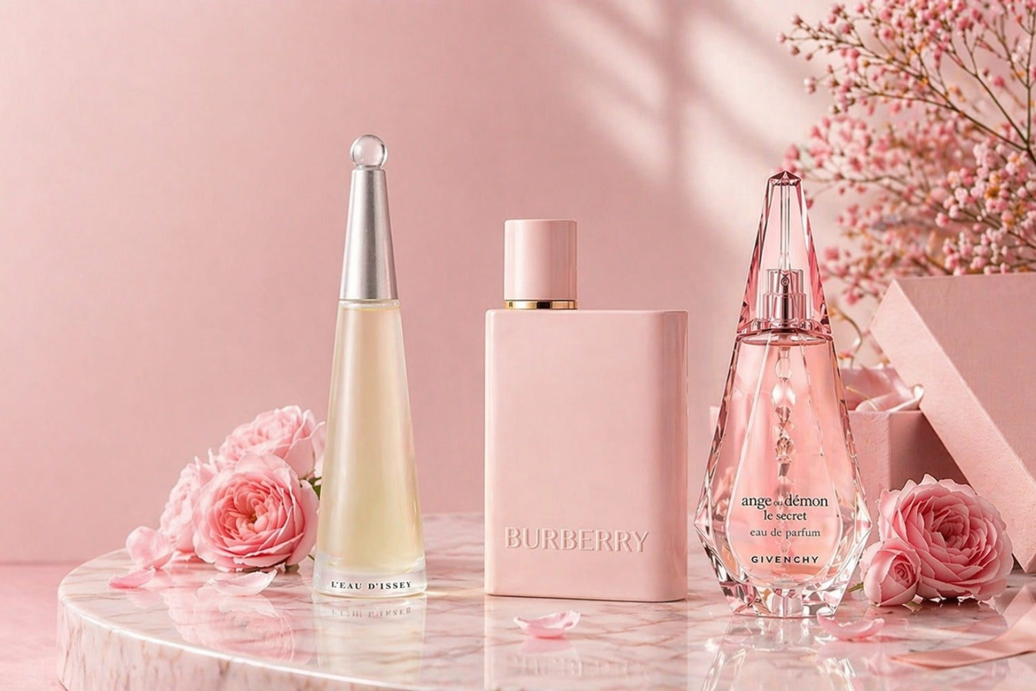 Elegant pink designer perfume bottles with roses and floral decor in a feminine luxury fragrance setup