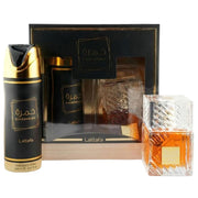 Lattafa Khamrah 2 Piece Gift Set - 3.4 oz / 100 ml Eau de Parfum + 6.7 oz / 200 ml Perfumed Body Spray - Spicy Date Vanilla Unisex DynoScent