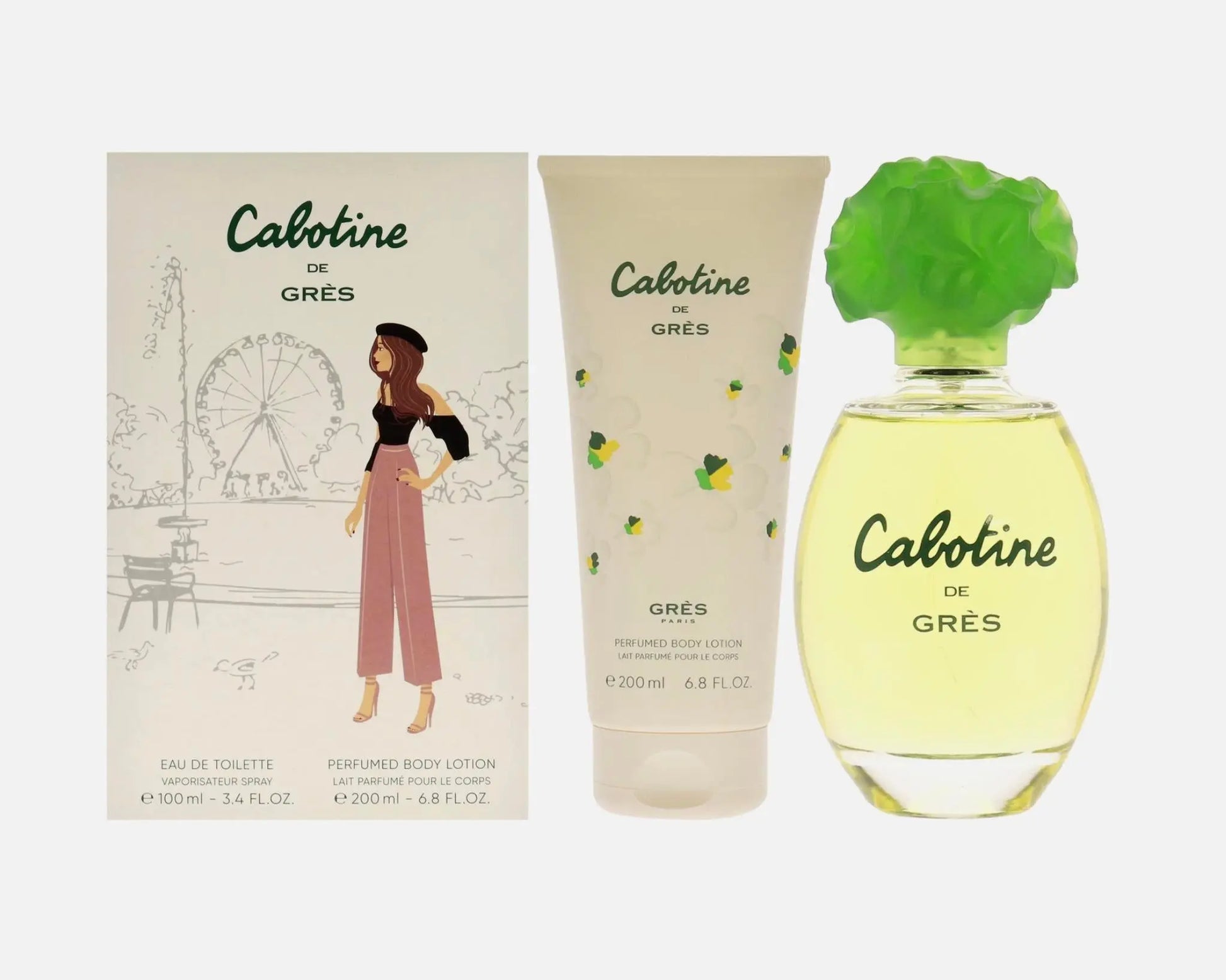 Gres Cabotine perfume set with bottle, packaging, and body lotion on a white background