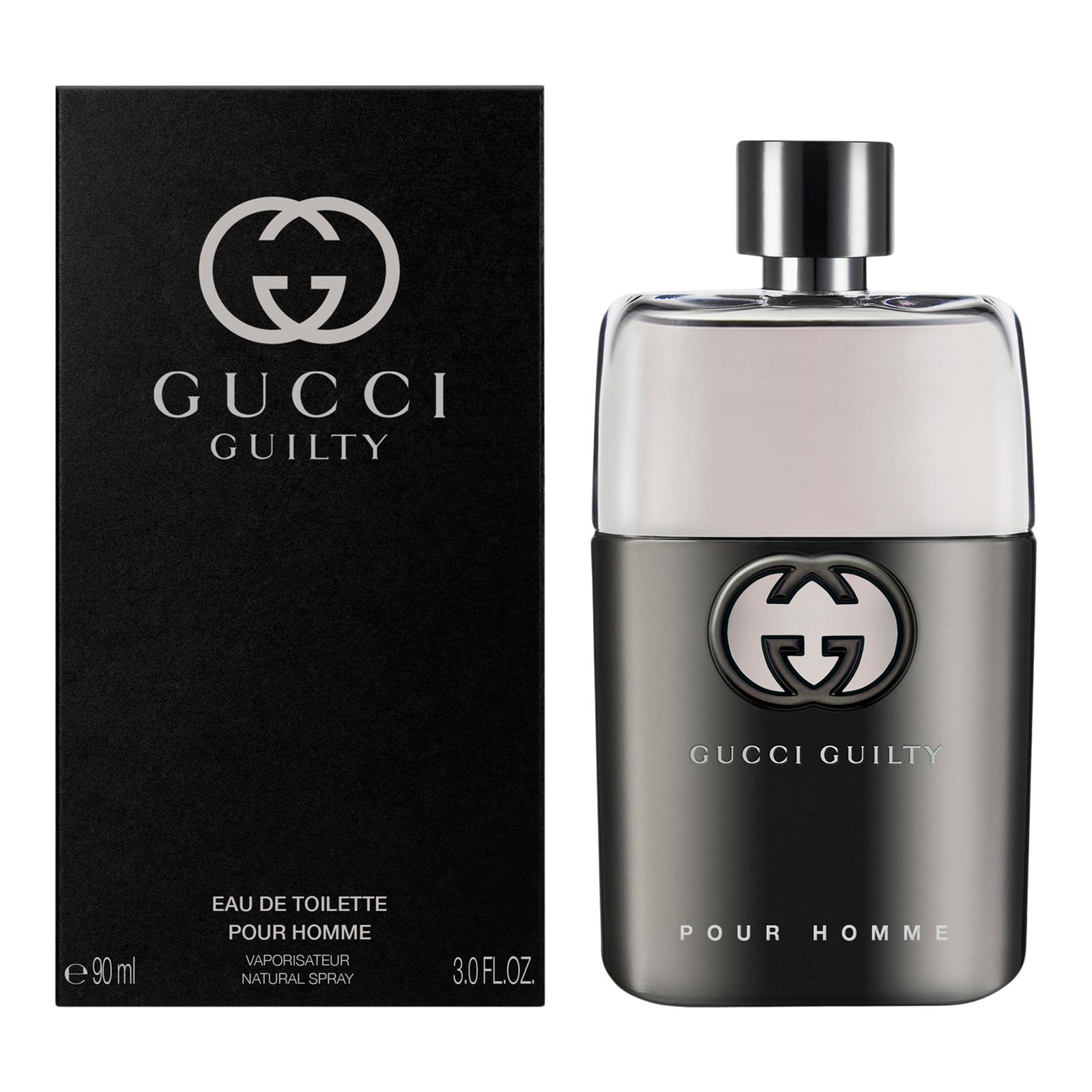 Gucci Guilty Pour Homme perfume bottle and packaging on a white background