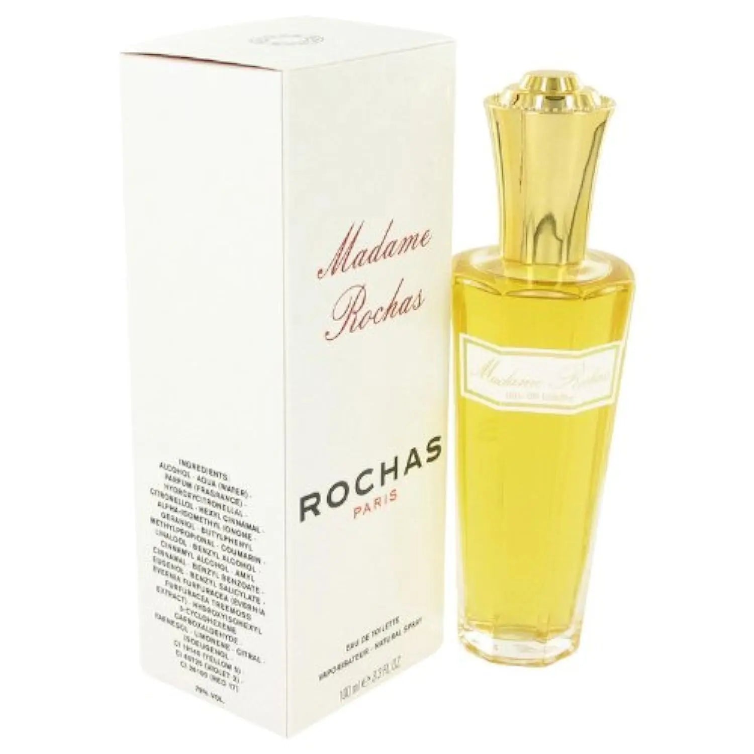 Perfume bottle and packaging of 'Madame Rochas' by Rochas on a white background